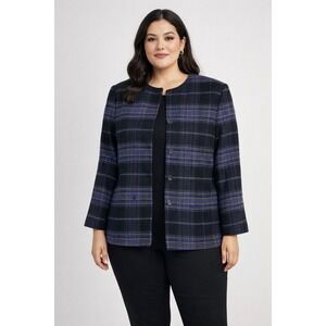 Chaus 100% Wool Jacket Plaid Black Blue Button Down Collarless Vintage Womens 14